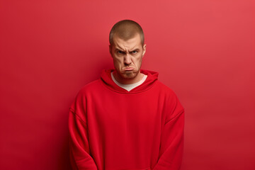 A man very surprised by a portrait on a red background