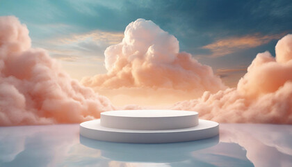 White podium sits on a white surface in front of a sky filled with clouds. Minimal scene for product presentation or advertising - obrazy, fototapety, plakaty
