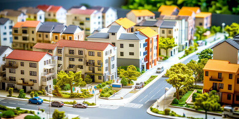 Fototapeta premium City streets with multi-storey buildings. Cars are parked on side of road. Top view of summer city in cartoon style