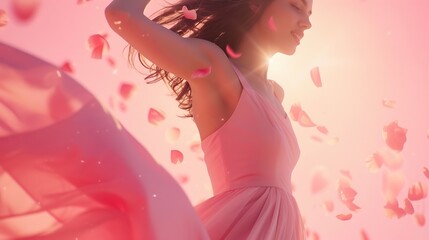 Generative AI : Nice lady overjoyed by warm spring breeze going romantic date wear cute dress isolated pink background