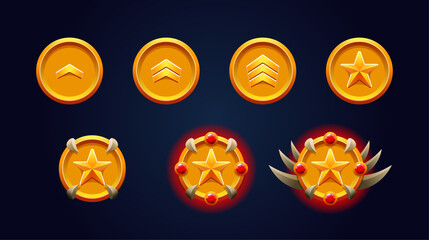Rank patent gold set. red gemstones, star and spikes. 3d metal effect. Perfect for game achievements. © Thipo Vector