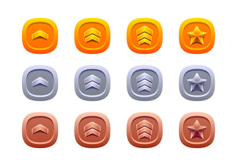 Rounded square patent set. Gold, silver and bronze. 3d effect, flat design.