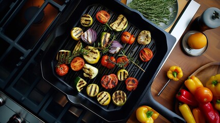 Generative AI : Grilled vegetables in a cast iron grilling pan, view from above