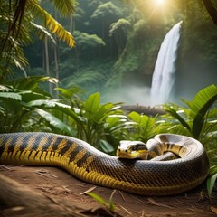 The closeup image of green anaconda (Eunectes murinus) . It is a boa species found in South America. It is the heaviest and one of the longest known extant snake species.