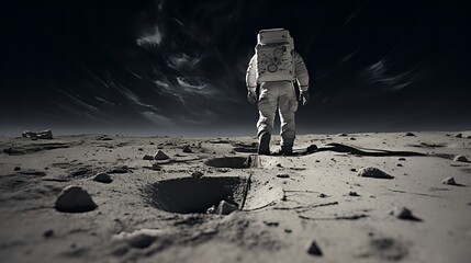 Astronaut Traversing a Barren Lunar Landscape