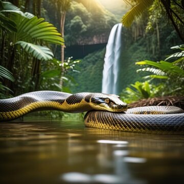 The closeup image of green anaconda (Eunectes murinus) . It is a boa species found in South America. It is the heaviest and one of the longest known extant snake species.