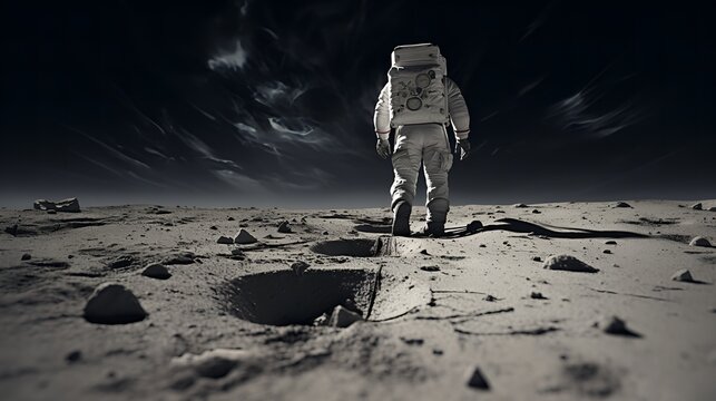 Astronaut Traversing a Barren Lunar Landscape