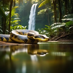 The closeup image of green anaconda (Eunectes murinus) . It is a boa species found in South America. It is the heaviest and one of the longest known extant snake species. - obrazy, fototapety, plakaty