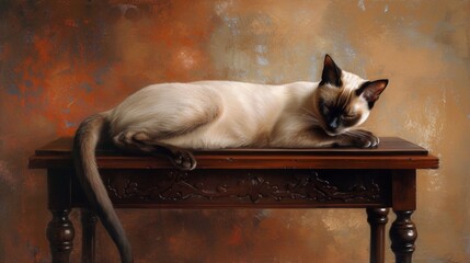 A regal Siamese cat lounging on a polished mahogany table, its elegant posture exuding an air of sophistication.