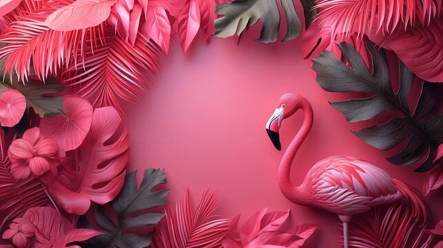 Frame of tropical leaves and pink flamingo on a pink background with empty space in the center.  AI Generative