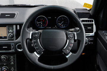 Luxury car interior steering wheel