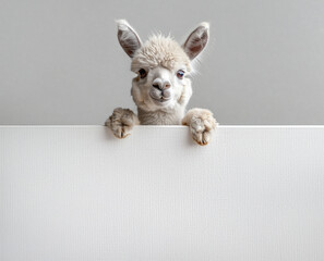 Fototapeta premium Cute lama hanging over a white poster with empty space. Generative AI