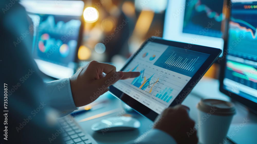 Poster person analyzing data on a tablet, with a focus on the hand touching the screen displaying colorful 