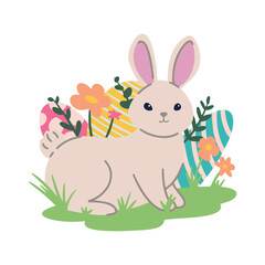 cute easter bunny hiding painted eggs in flowers and grass vector illustration on a white background