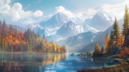 A serene alpine lake nestled among towering peaks, its surface as smooth as glass. The surrounding forest is ablaze with the fiery colors of autumn, reflected in the still waters below.