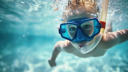 Naklejka premium Generative AI : A little boy with mask and snorkel enjoys the underwater life of the tropical ocean wth colorful fishes