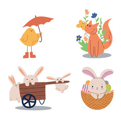 Spring and Easter collection of cute animals, flowers and decorations. Perfect for poster, card, scrapbooking , tag, invitation, sticker kit. Hand drawn vector illustration.