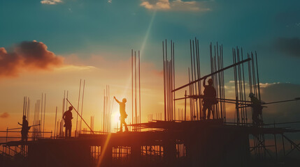 silhouette of construction workers on scaffolding against a sunset sky, highlighting their outline and the structure of the construction site.