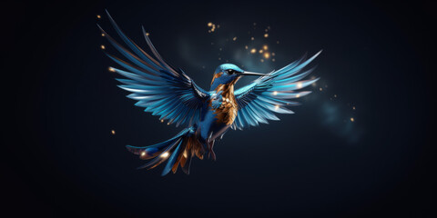 Blue Kingfisher in Flight with Glowing Sparks on a Dark Background