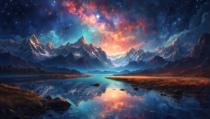 A Colorful Sky With Clouds,Reflection Of A Mountain - obrazy, fototapety, plakaty