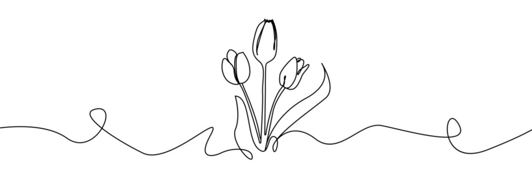 recommend clip art: Tulip one line drawing. Flower one line. Abstract flower continuous line. Minimalist contour drawing of tulip. Continuous line drawing of flower tulip. Hand drawn sketch of flower with leaves.