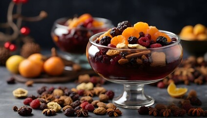 "Indulge in the rich flavors and textures of a winter wonderland with a compote made from dried fruits and spices. Let the AI platform surprise you with its diverse range of styles and variations, cap