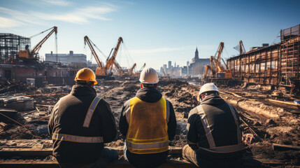 Rear view of a group of construction workers wearing hard hats on an outdoor construction site with construction cranes in the background - obrazy, fototapety, plakaty