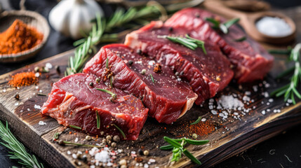 Assorted cuts of raw, marbled steaks artistically arranged on a slate board with fresh herbs, presenting a feast for the senses.