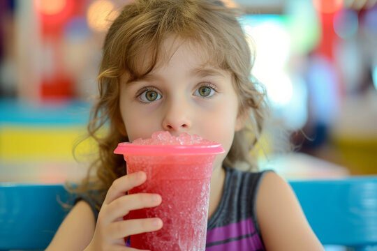 Close up of a child holding a cold slushy crushed ice drink on a hot summer day