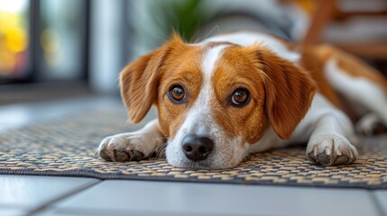 a brown and white dog laying on top of a rug on top of a tile floor next to a tv.
