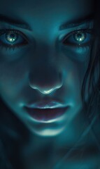 a close up of a woman's face with glowing blue eyes and a creepy look on her face with glowing green eyes.