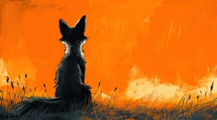 a painting of a fox sitting in a field with an orange sky in the background and grass in the foreground.