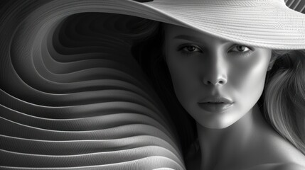 a black and white photo of a woman's face with a hat on her head and a wavy background.