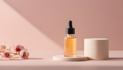 Amber glass dropper bottle casting a warm golden shadow on a beige surface, with a minimalist vibe