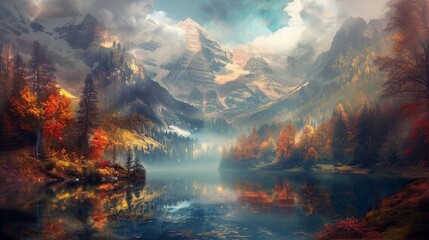 A serene alpine lake nestled among towering peaks, its surface as smooth as glass. The surrounding forest is ablaze with the fiery colors of autumn, reflected in the still waters below. - obrazy, fototapety, plakaty