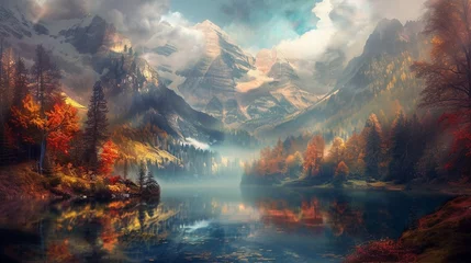 Garden poster Reflection A serene alpine lake nestled among towering peaks, its surface as smooth as glass. The surrounding forest is ablaze with the fiery colors of autumn, reflected in the still waters below.