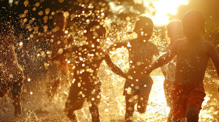 A group of kids playing with a water hose the suns rays reflecting off the water droplets creating a sparkling effect. - obrazy, fototapety, plakaty