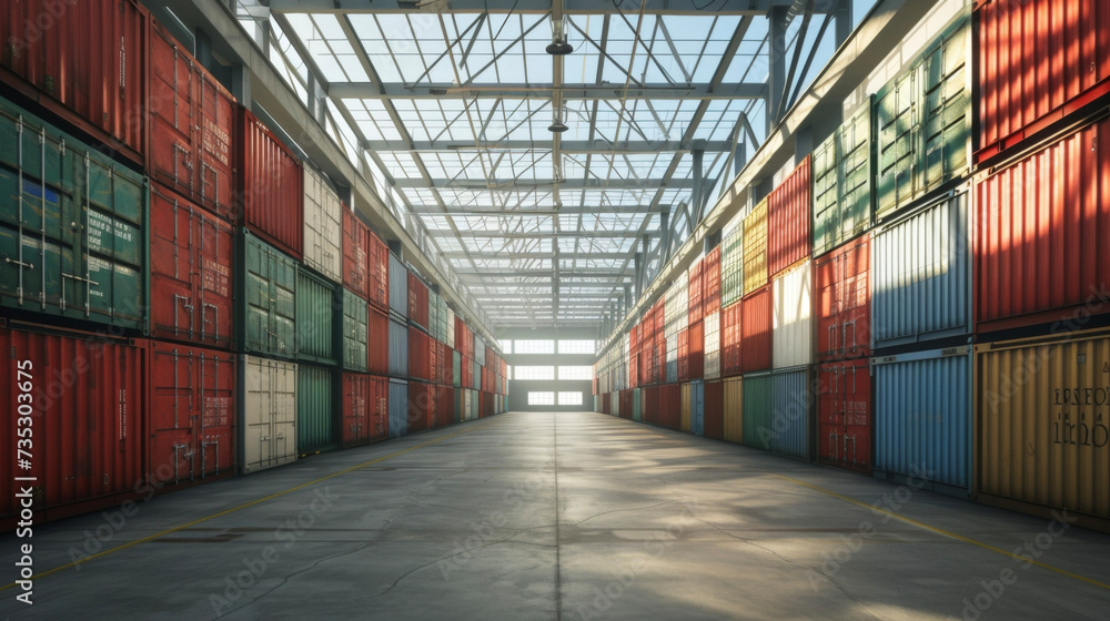 Poster a supply distribution center filled with neatly stacked containers awaiting shipment to various disa