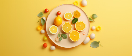 Fresh Citrus Composition with Oranges and Lemons on a Plate Surrounded by Greenery and Eggs on a Yellow Background - obrazy, fototapety, plakaty