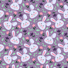 Seamless pattern with cute rabbits and flowers background. Easter holiday wrapping paper, textile design, fabric.