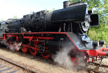 An impressive old black and red steam locomotive from Germany is operated on special days on the track from Beekbergen to Loenen in the Netherlands