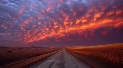 a dirt road in the middle of a wheat field under a purple and orange sky with clouds in the distance.