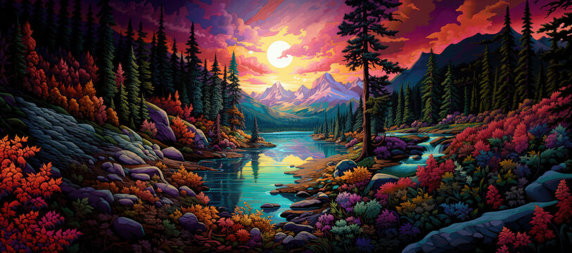 Beautiful Chinese landscape with autumn trees and majestic mountains. Amazing nature scenery. Beautiful season fall background. Digital art.