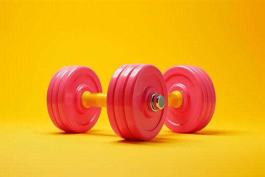 pink and pink dumbbells isolated on yellow in the sty