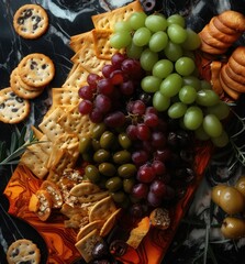 a platter of grapes, crackers, crackers, crackers and crackers on a marble table.