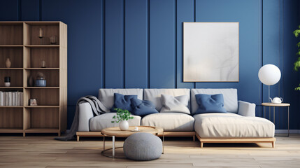  Two knitted poufs near dark blue corner sofa