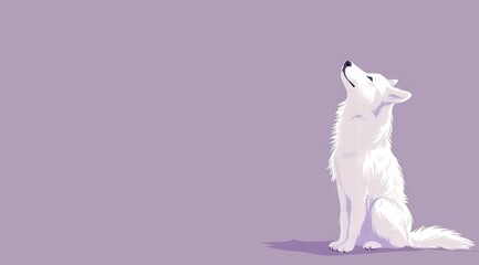 a white dog sitting on top of a purple floor next to a white and black dog on a purple background.