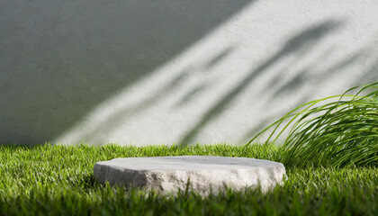 Stone cylinder sits in the middle of the meadow. Minimal scene podium for product presentation or advertising