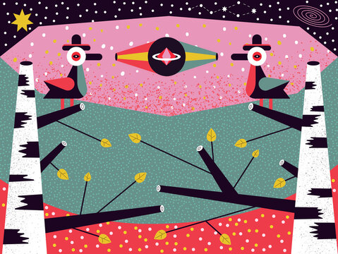 Birds on trees in space