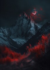 a night scene of a mountain range with red leaves on the trees and a full moon in the sky above it. - obrazy, fototapety, plakaty